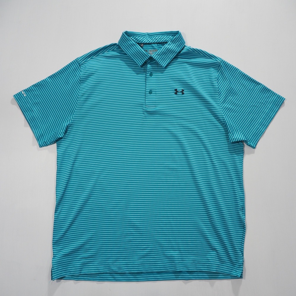 Under Armour Heatgear Polo Shirt Mens 2XL Teal Green Stripe Loose Fit Golf Sport